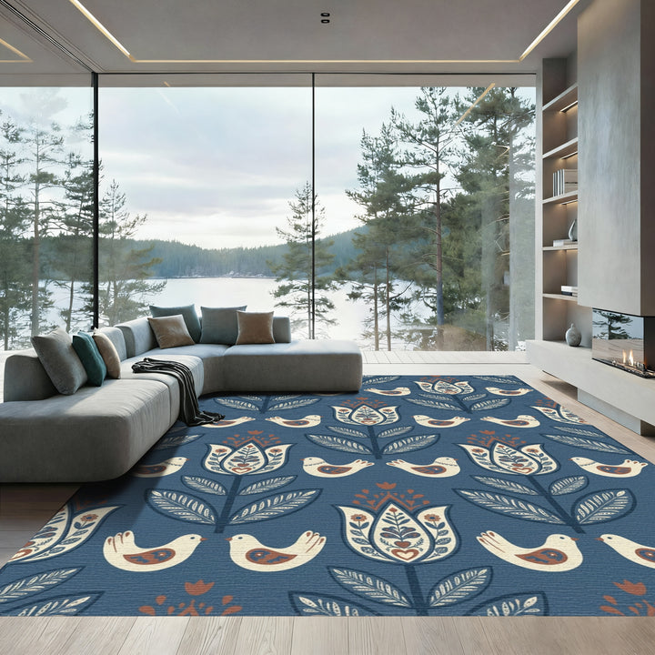 Dark Blue Folk Art Floral Bird Rug