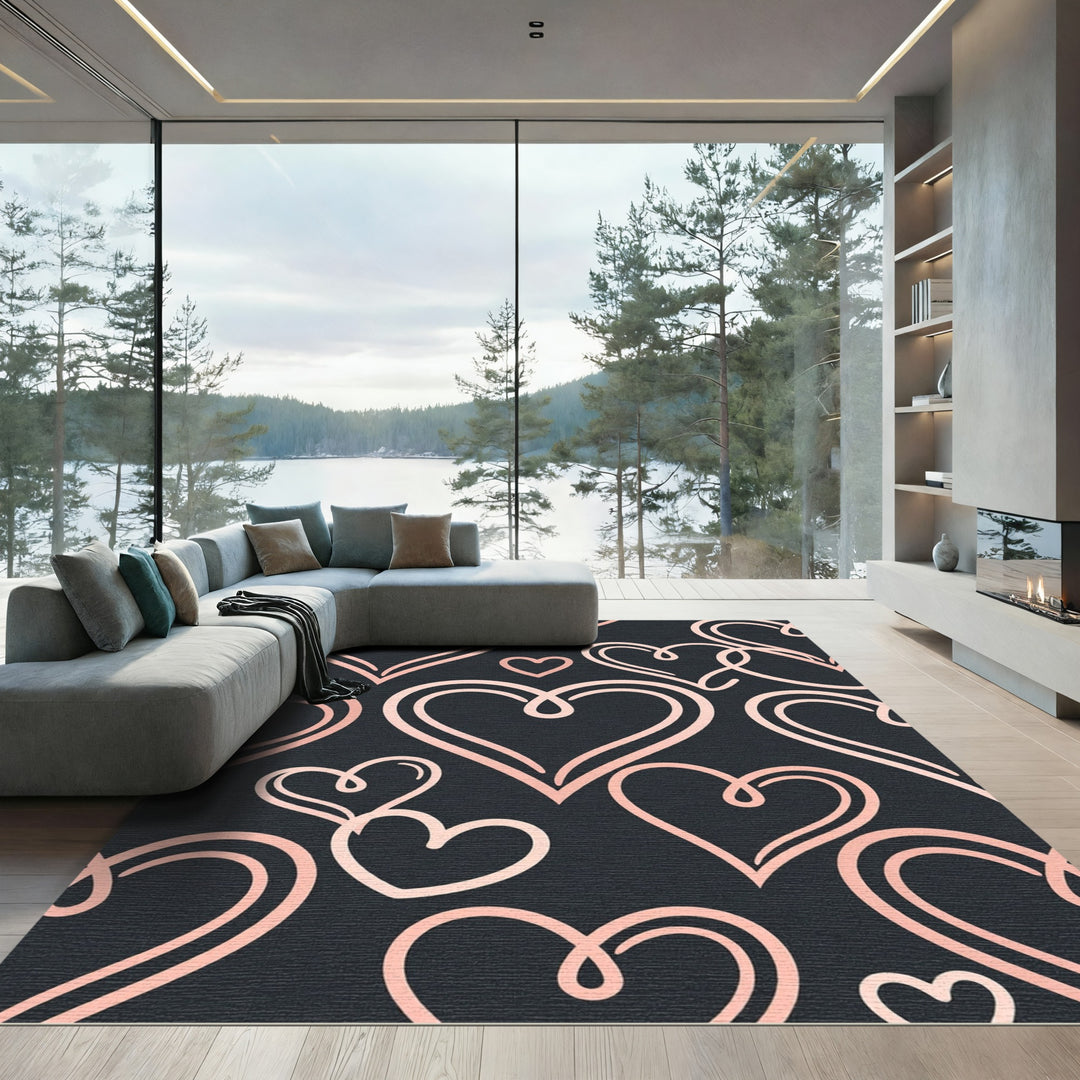 Blush Hearts Dark Charcoal Background Rug