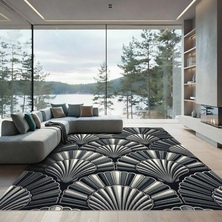 Art Deco Black Fan Shell Rug