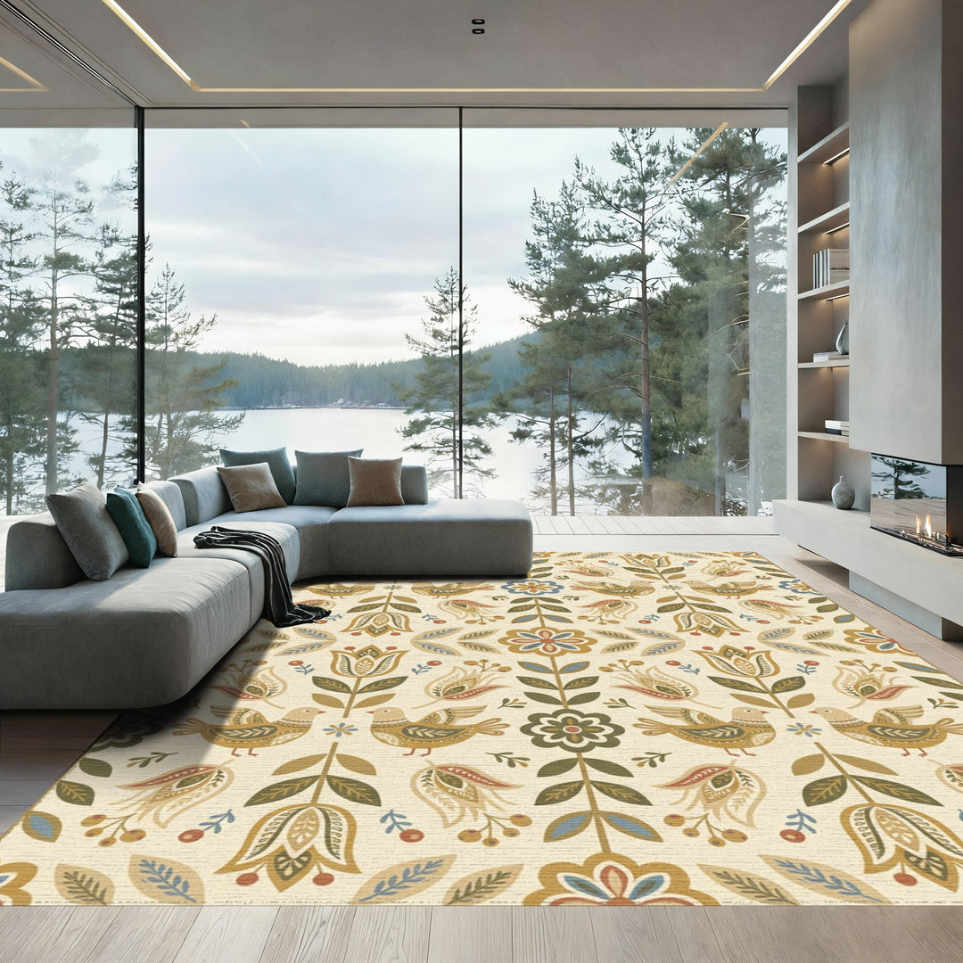 Folk Art Birds Floral Garden Cream Rug