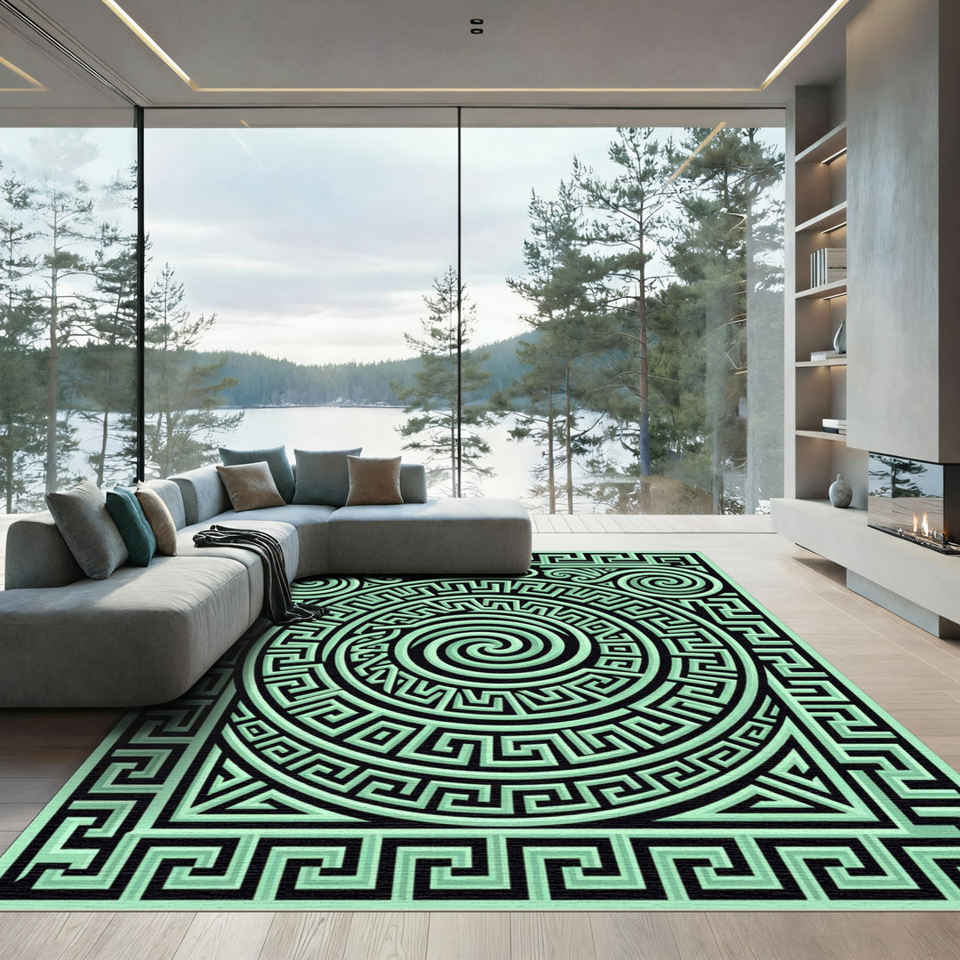 Mint Green Labyrinth Maze Swirl Rug