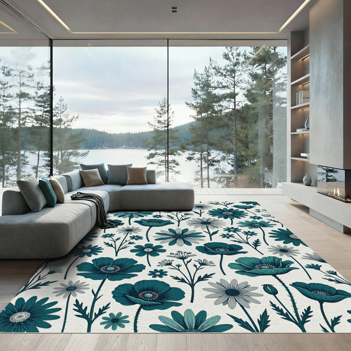 Deep Teal Floral Meadow Rug