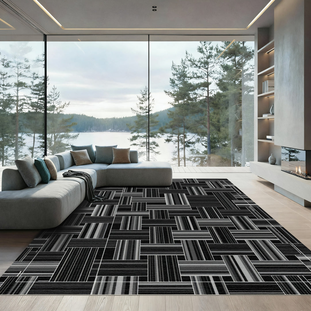 Monochromatic Woven Stripe Square Collage Rug
