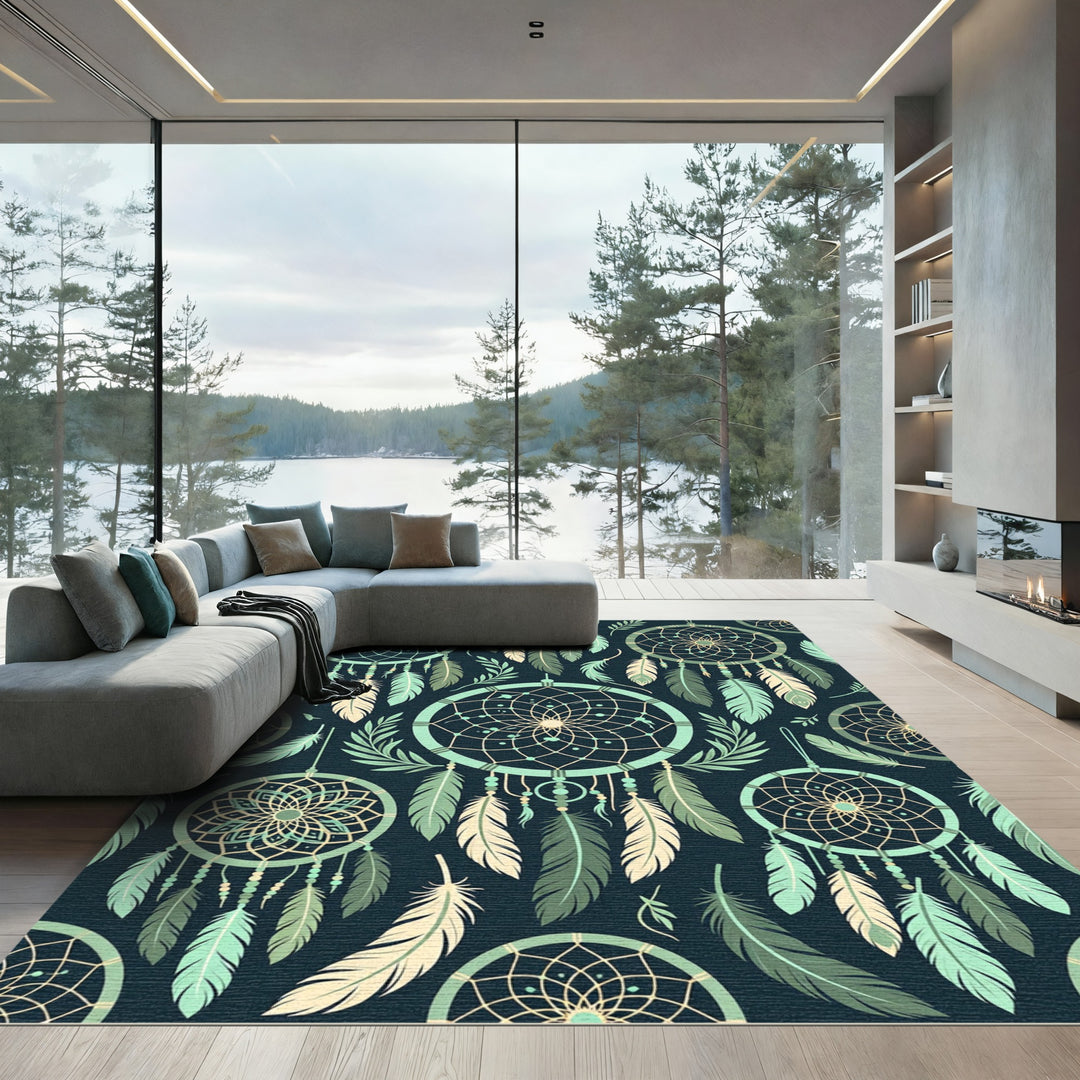 Mint Green Dreamcatcher Feather Pattern Rug