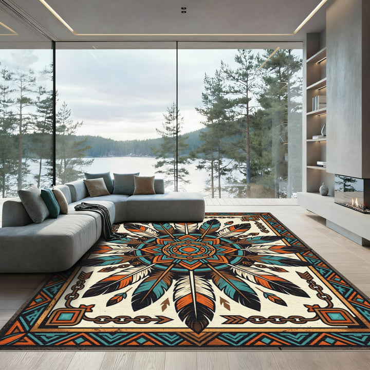 Feather Sunburst Tribal Medallion Rug