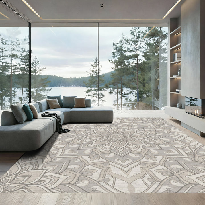Neutral Gray Ornamental Lotus Rug