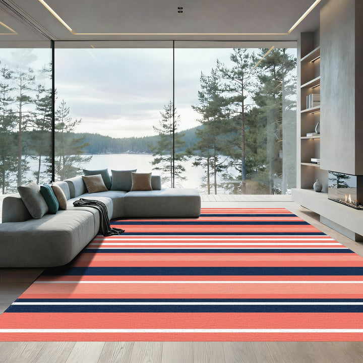 Coral Navy White Horizontal Stripe Rug