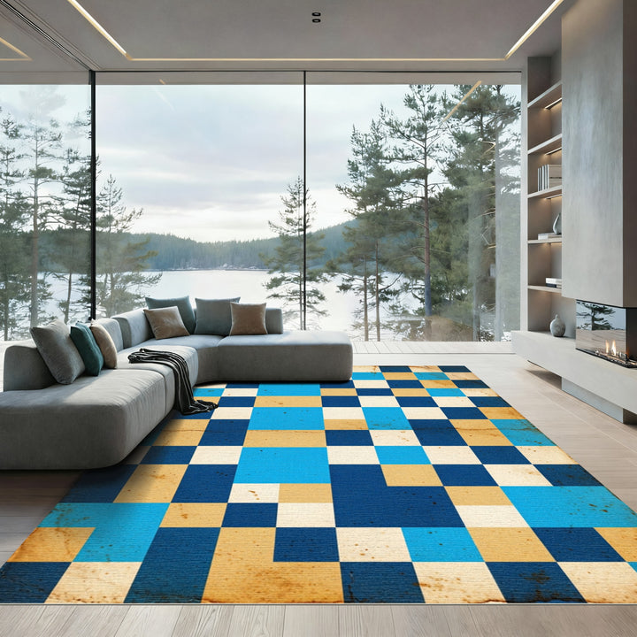 Retro Blue Tan Checkerboard Rug