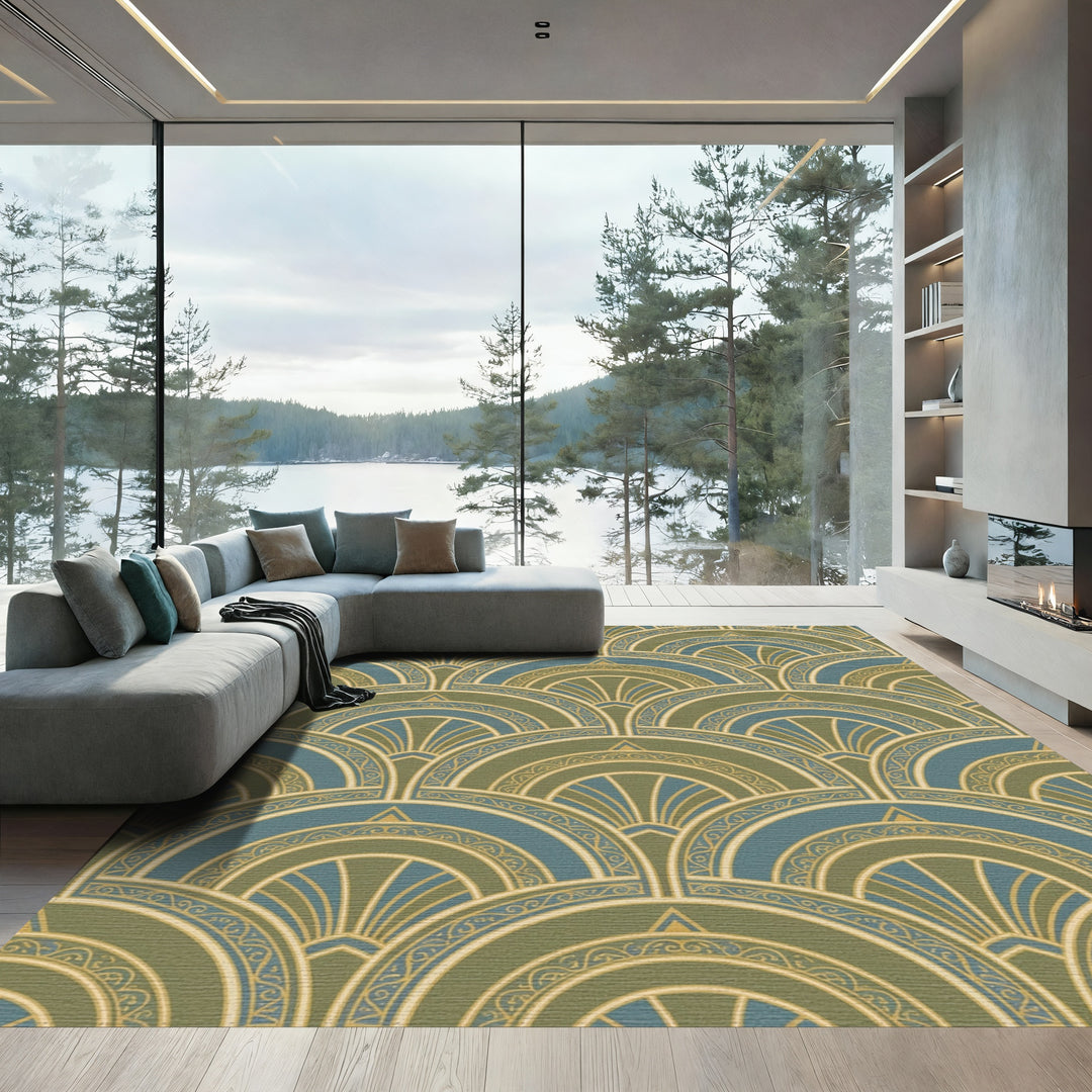 Art Deco Teal Ochre Fan Rug