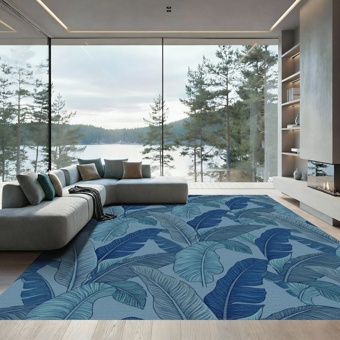 Deep Blue Tropical Banana Leaf Rug