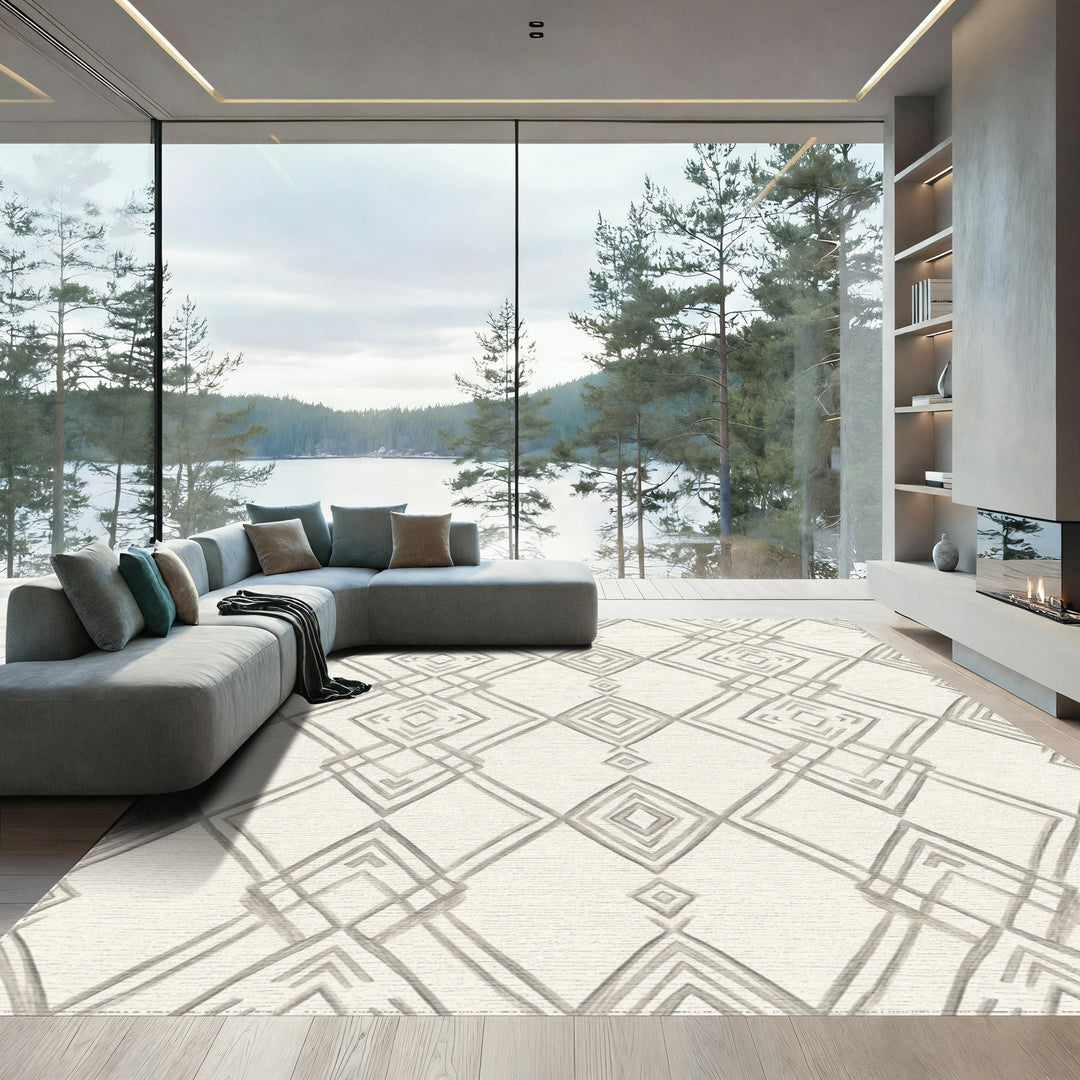 Neutral Gray Diamond Chain Geometric Rug