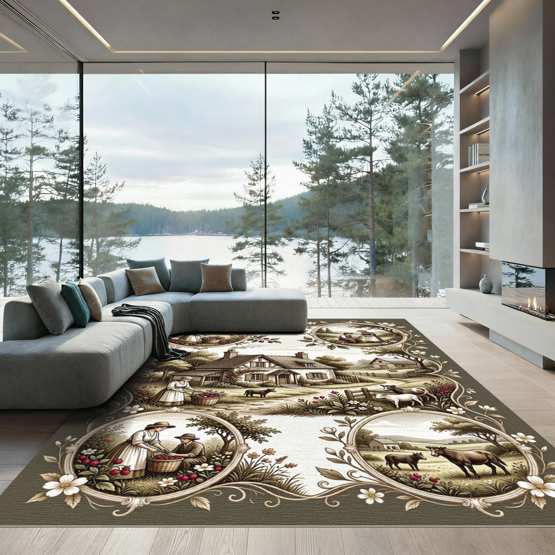 Farmhouse Scene Vintage Botanical Border Rug