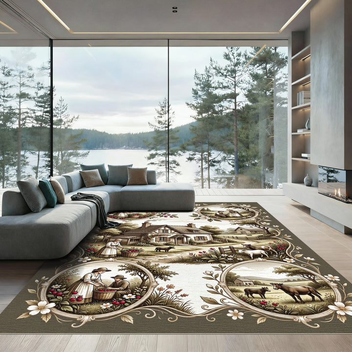 Farmhouse Scene Vintage Botanical Border Rug