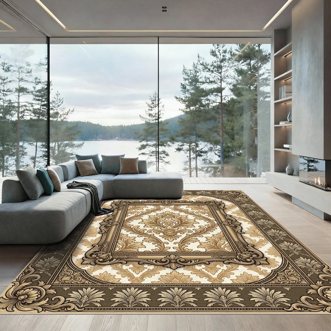 Ornate Gold Leaf Scrollwork Frame Rug