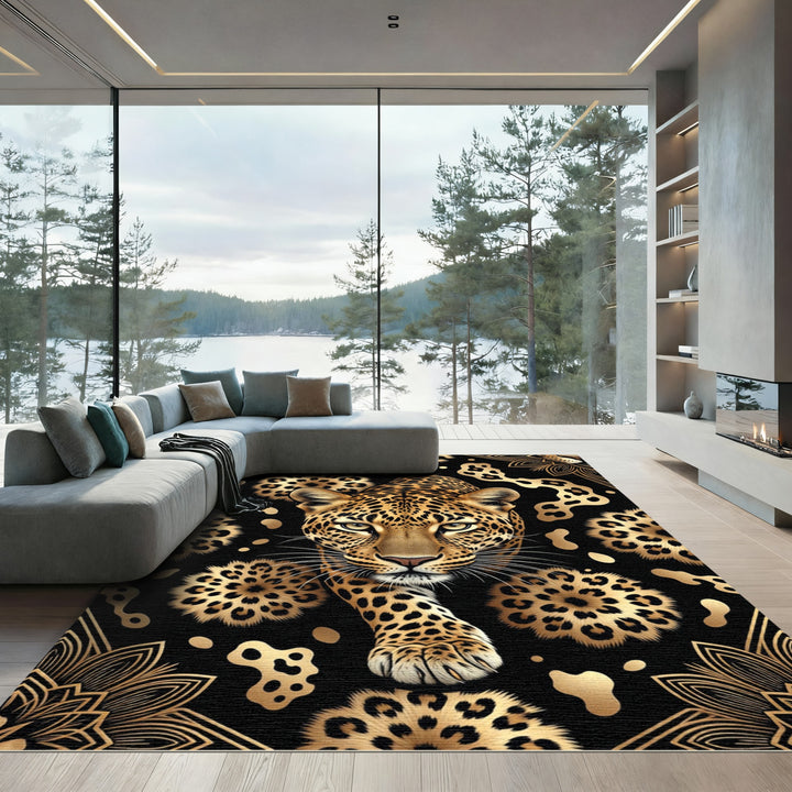 Golden Leopard Floral Medallion Rug