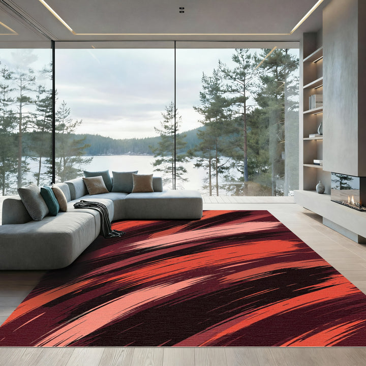 Crimson And Coral Brush Stroke Rug