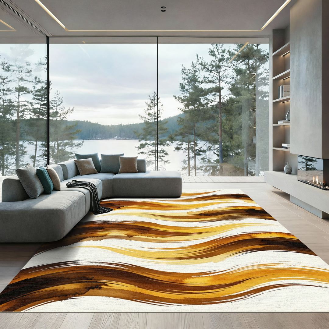 Golden Brown Abstract Brushstroke Rug