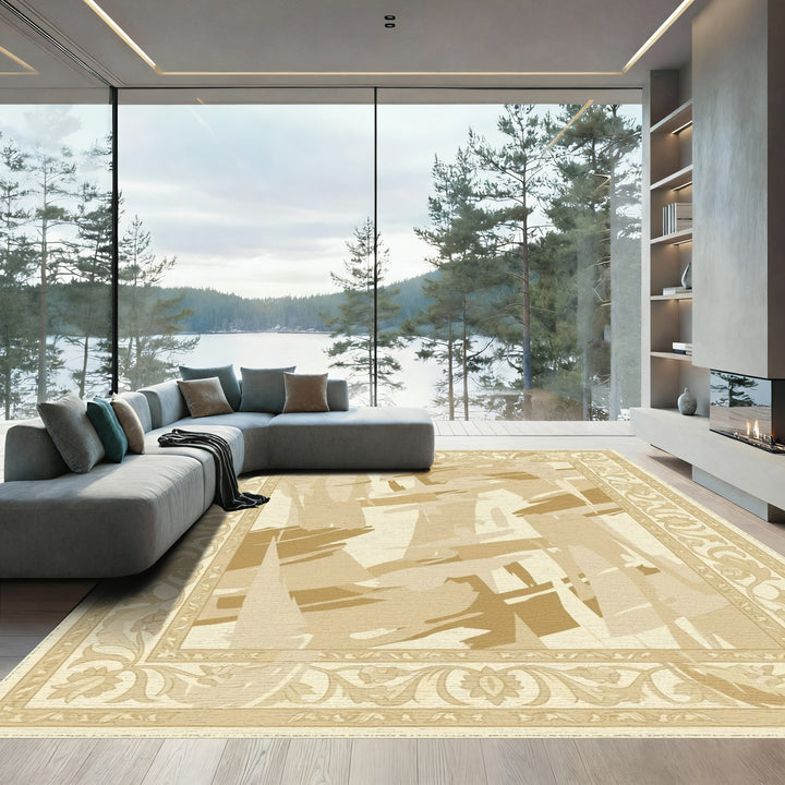 Abstract Beige Brushstroke Floral Border Rug