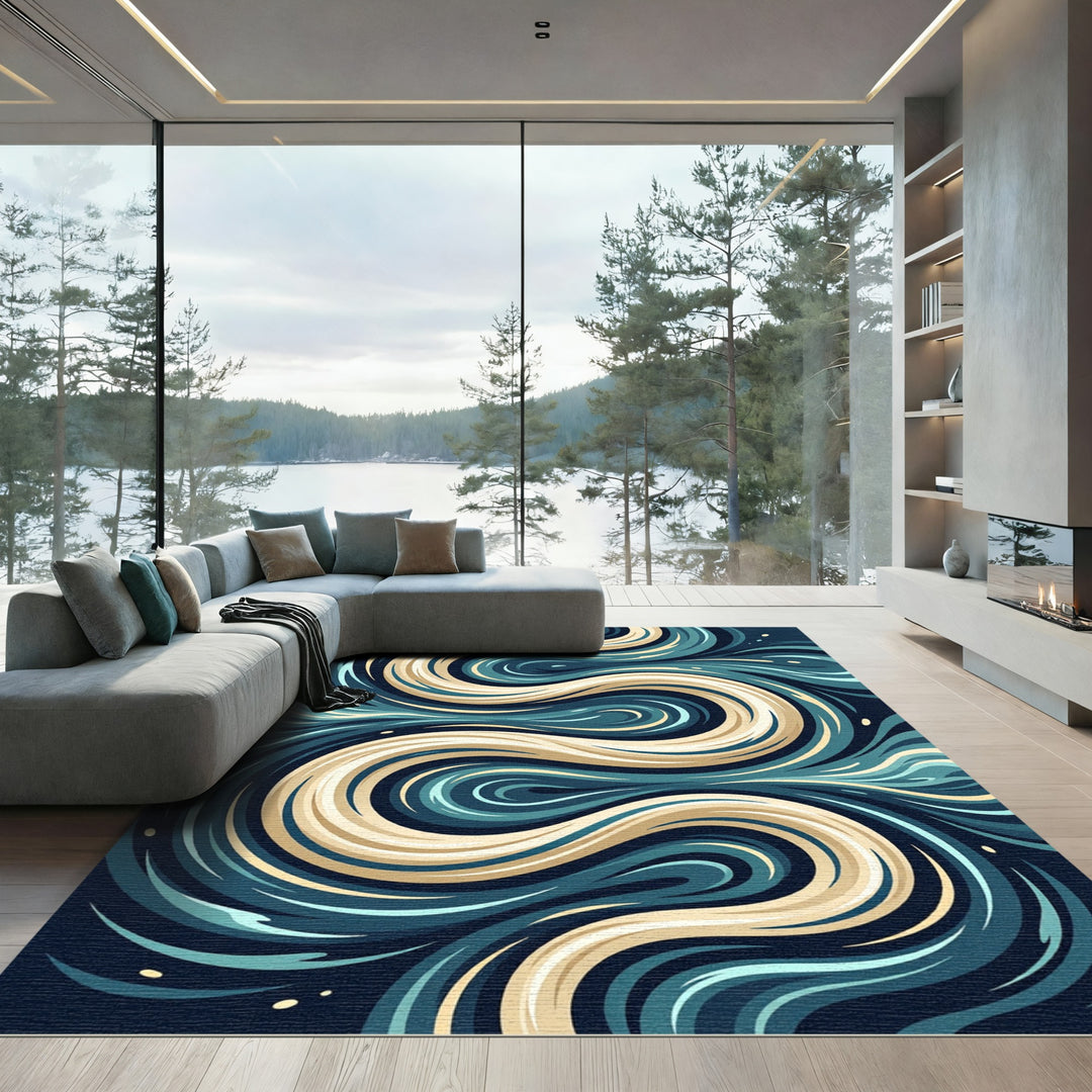 Deep Blue Swirling Abstract Forms Rug