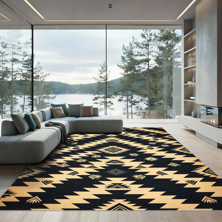 Dark Ochre Tribal Geometric Accents Rug