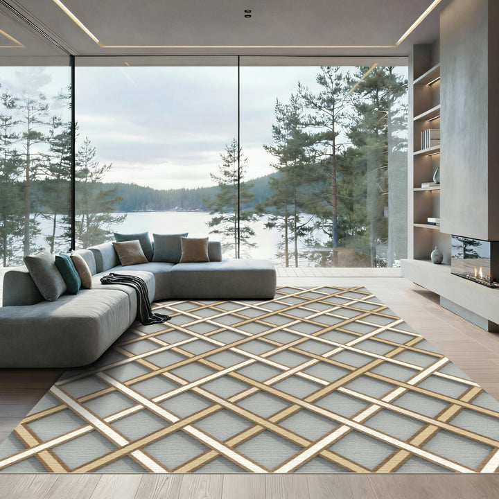 Gold and Gray Intersecting Square Rug