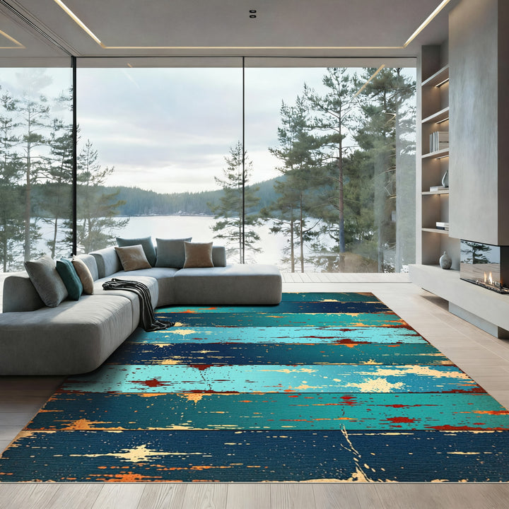 Distressed Teal Blue Wood Plank Rug