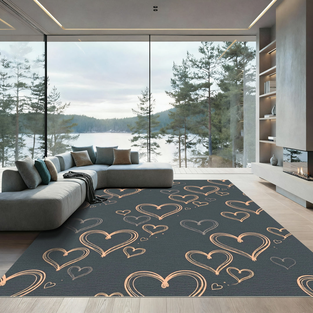 Contemporary Peach Hearts Dark Teal Rug