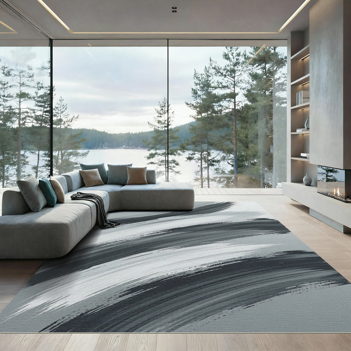 Abstract Gray Brushstroke Rug
