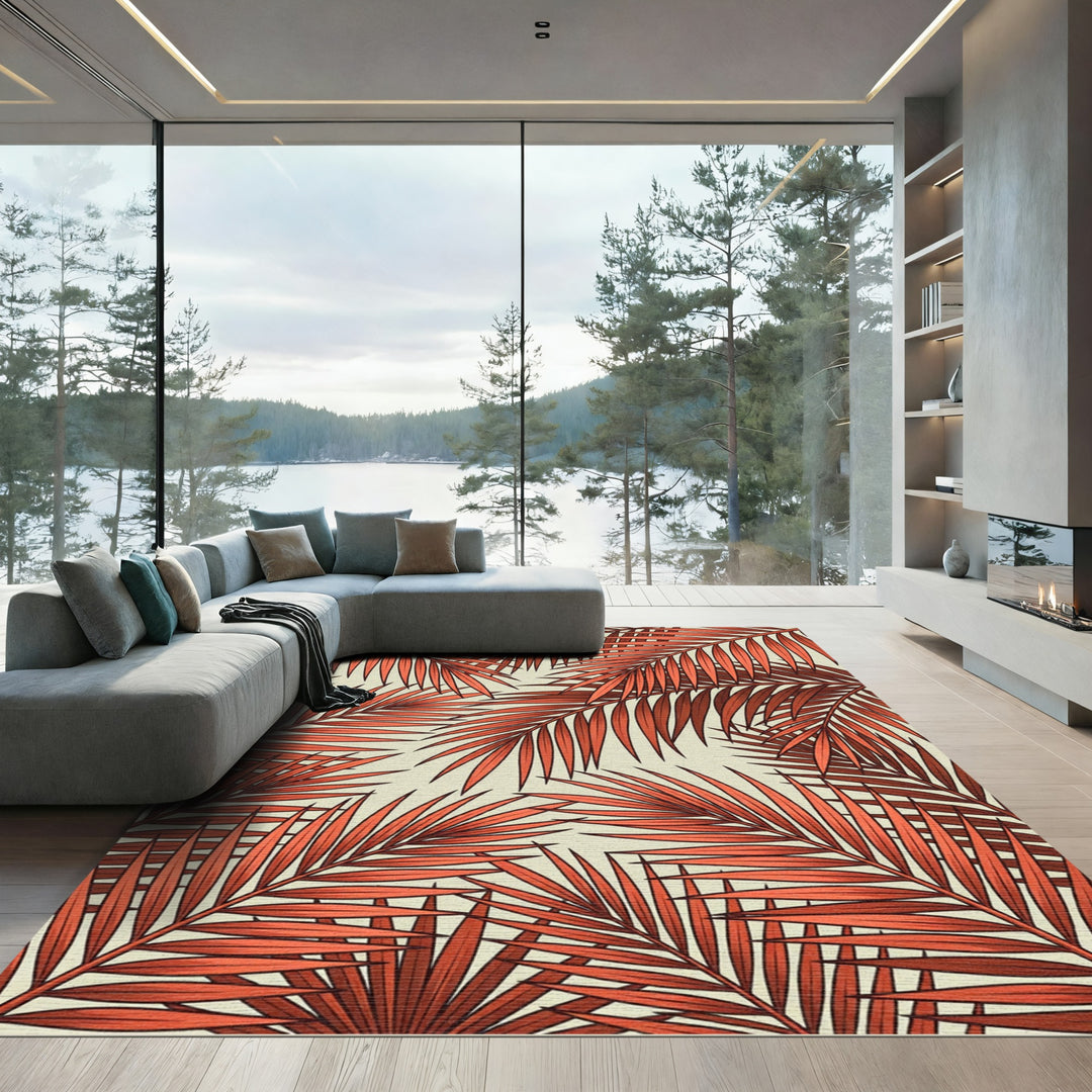 Coral Tropical Palm Fronds Rug