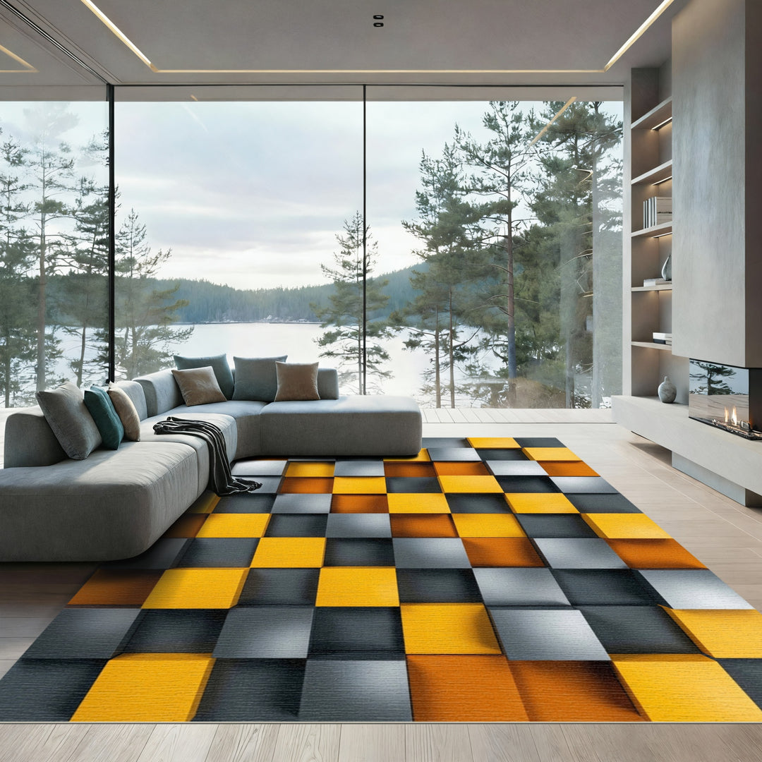 Geometric Cubes Yellow Gray Orange Rug