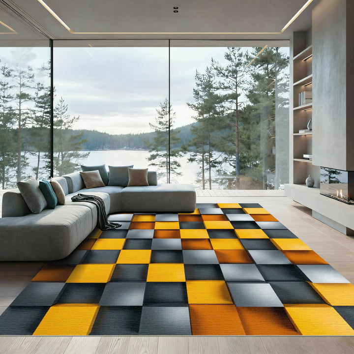 Geometric Cubes Yellow Gray Orange Rug