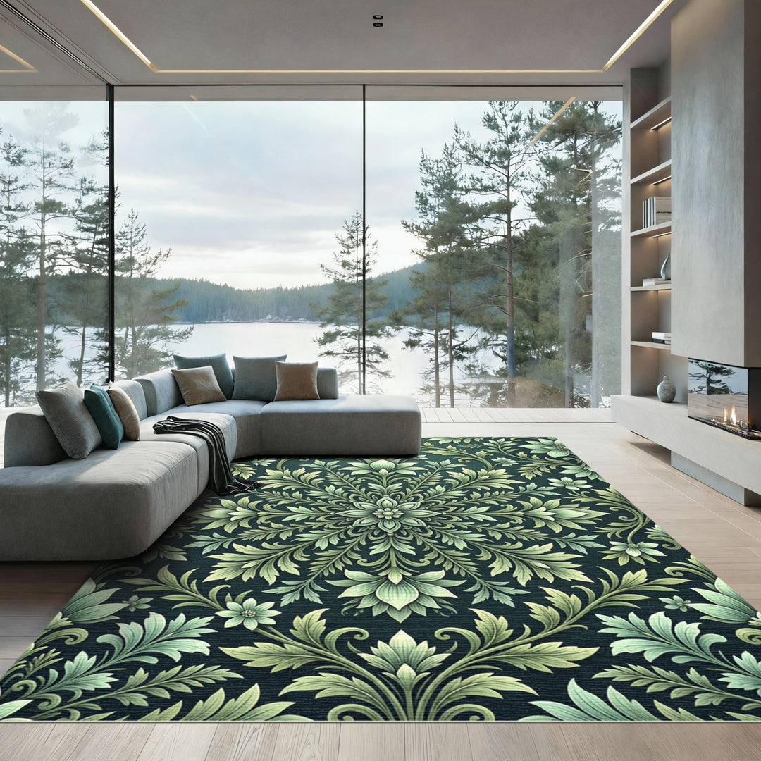 Teal Green Floral Scroll Medallion Rug