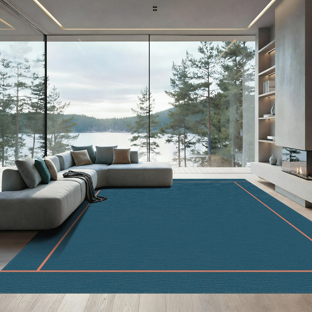 Deep Teal Orange Line Border Rug