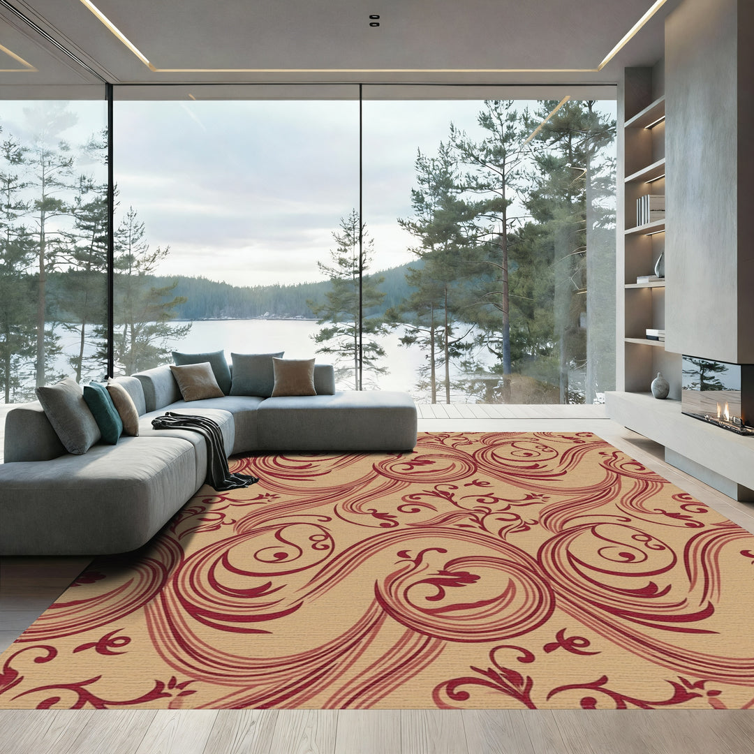 Crimson Swirl Floral Baroque Area Rug