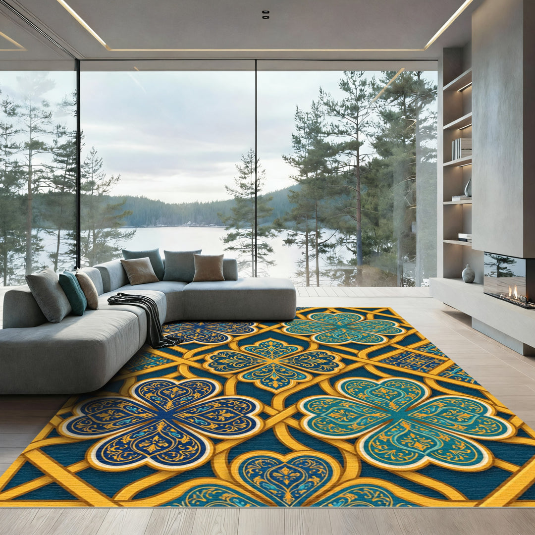 Elegant Gold Blue Clover Medallion Rug