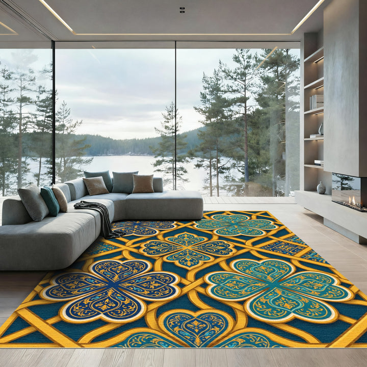 Elegant Gold Blue Clover Medallion Rug