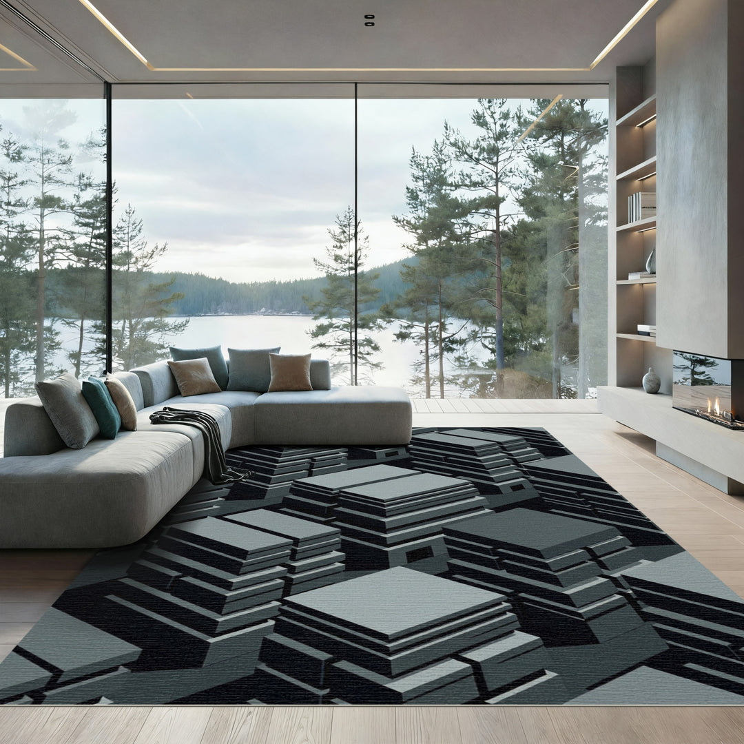 Monochromatic Geometric Cityscape Rug