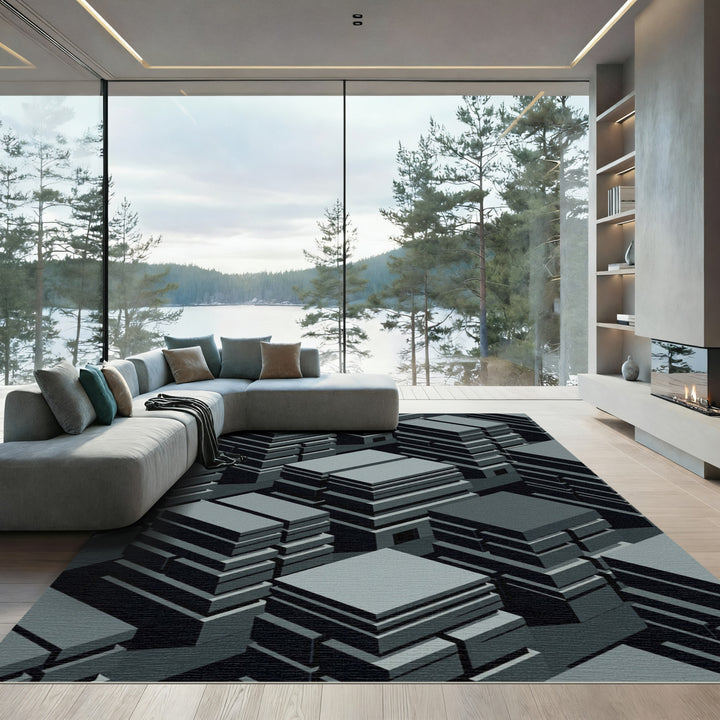 Monochromatic Geometric Cityscape Rug