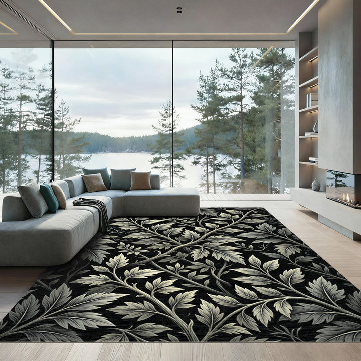 Vintage Black Botanical Leaf Rug