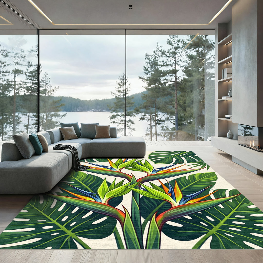 Tropical Bird of Paradise Green Foliage Rug