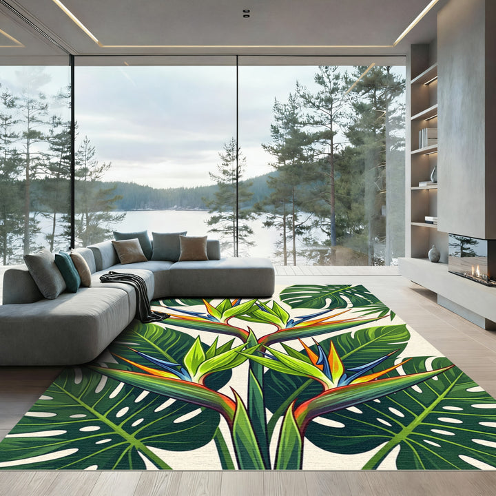 Tropical Bird of Paradise Green Foliage Rug