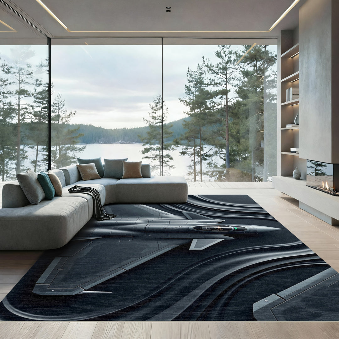 Sleek Gray Jet Abstract Waves Rug