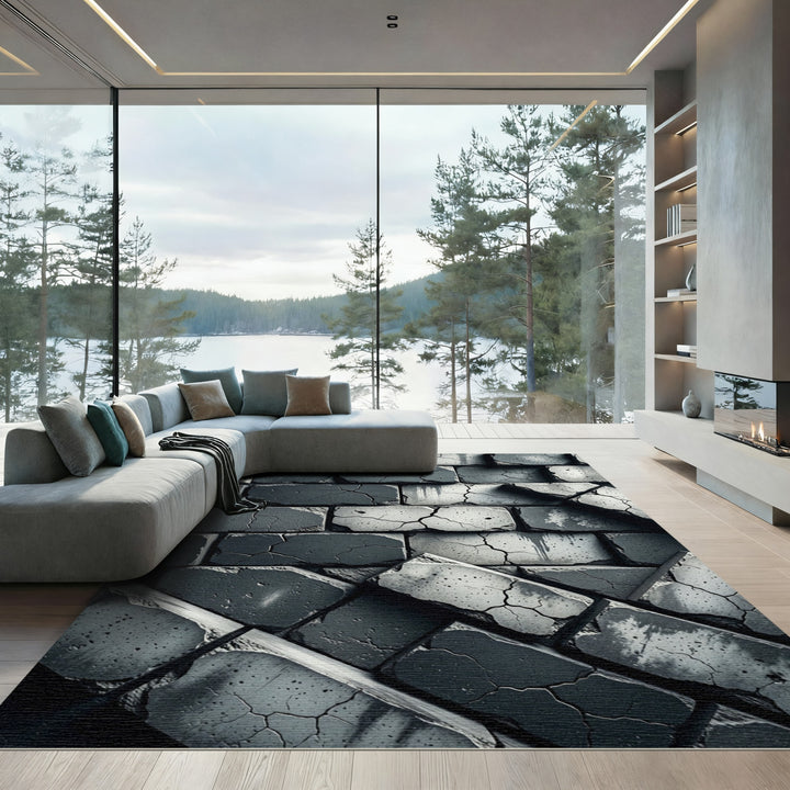 Distressed Dark Stone Brick Texture Rug