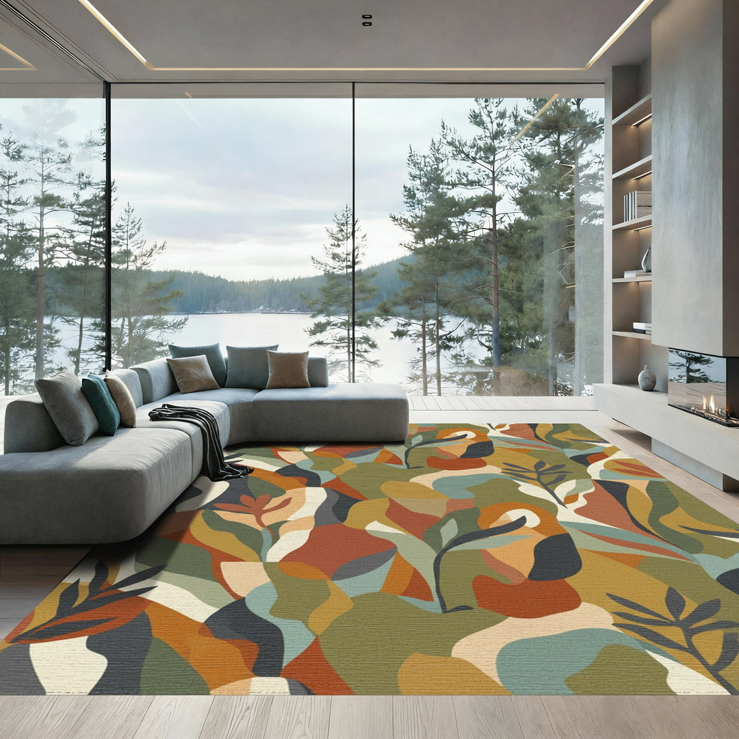 Earthy Autumn Abstract Botanical Forms Rug