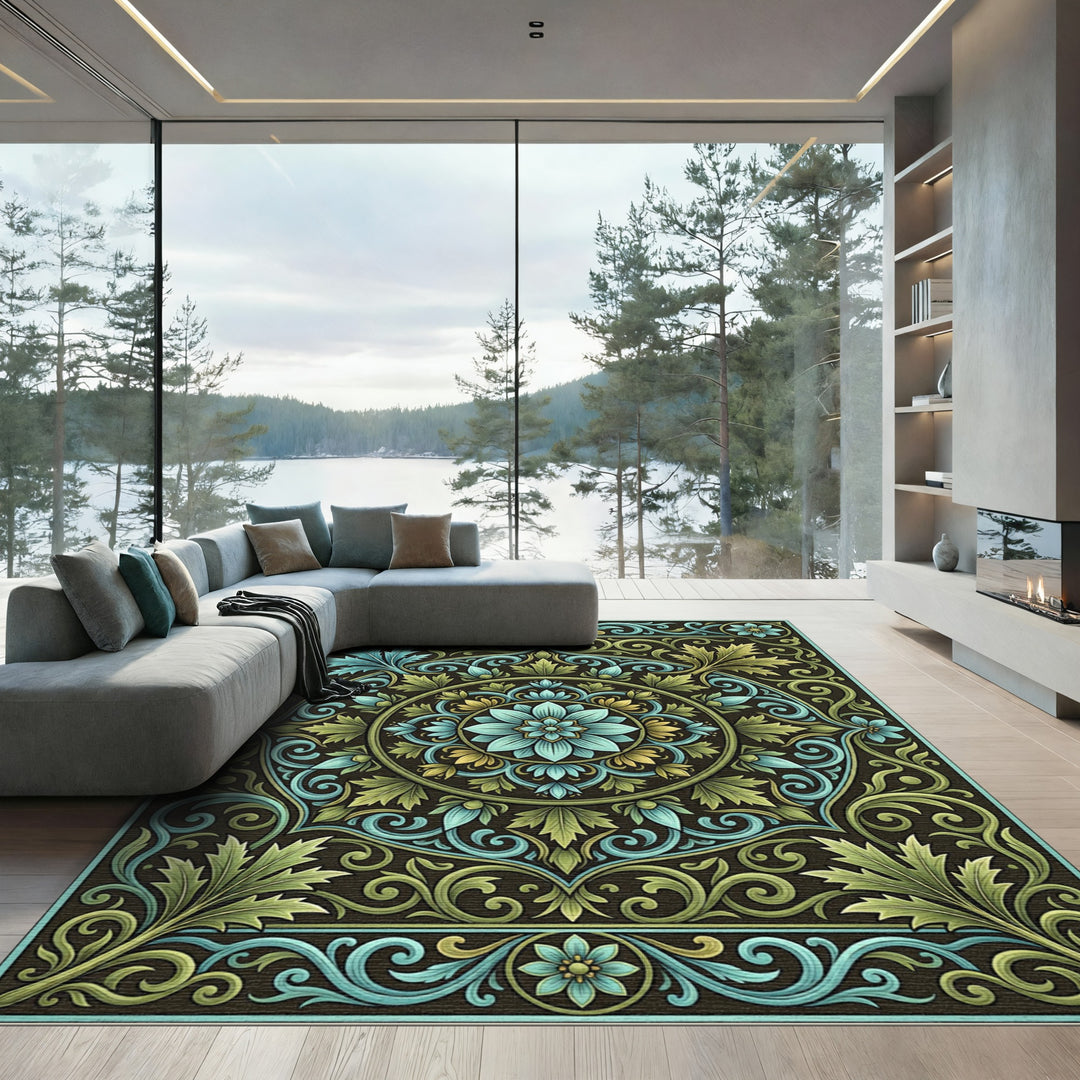 Ornate Teal and Gold Floral Mandala Rug