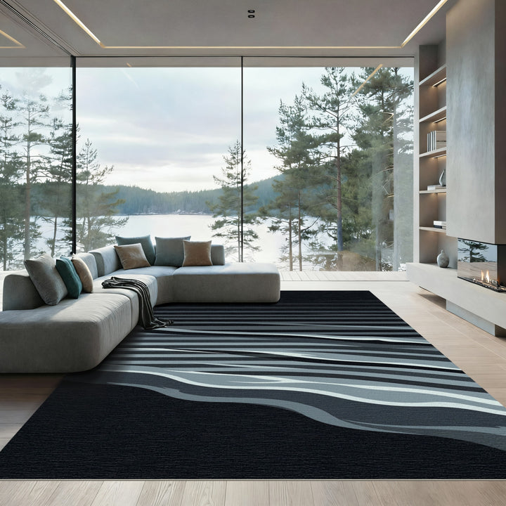 Abstract Gray and Black Wave Rug