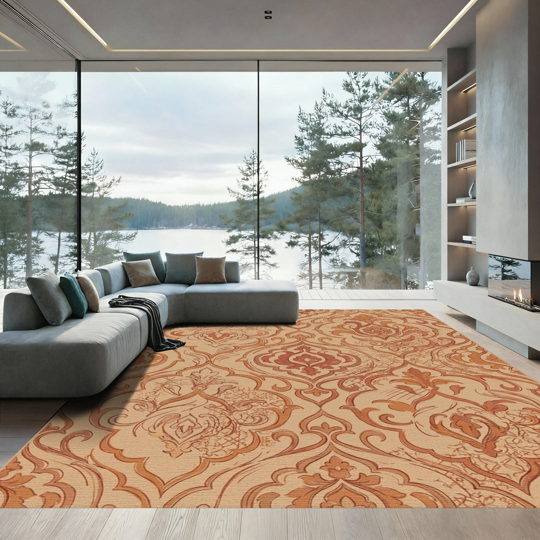 Terracotta Damask Scrollwork Vintage Rug