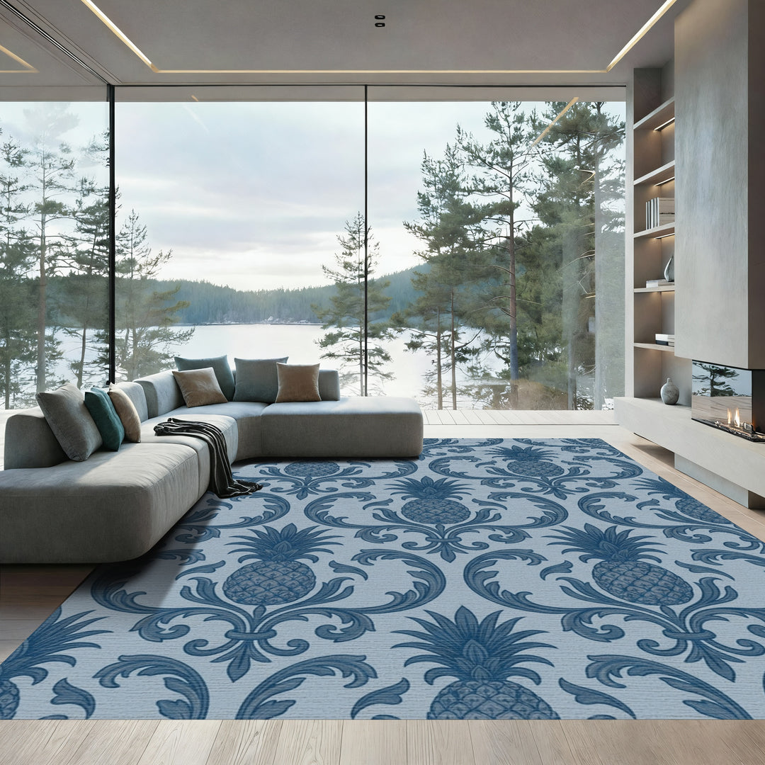 Classic Blue Pineapple Damask Rug