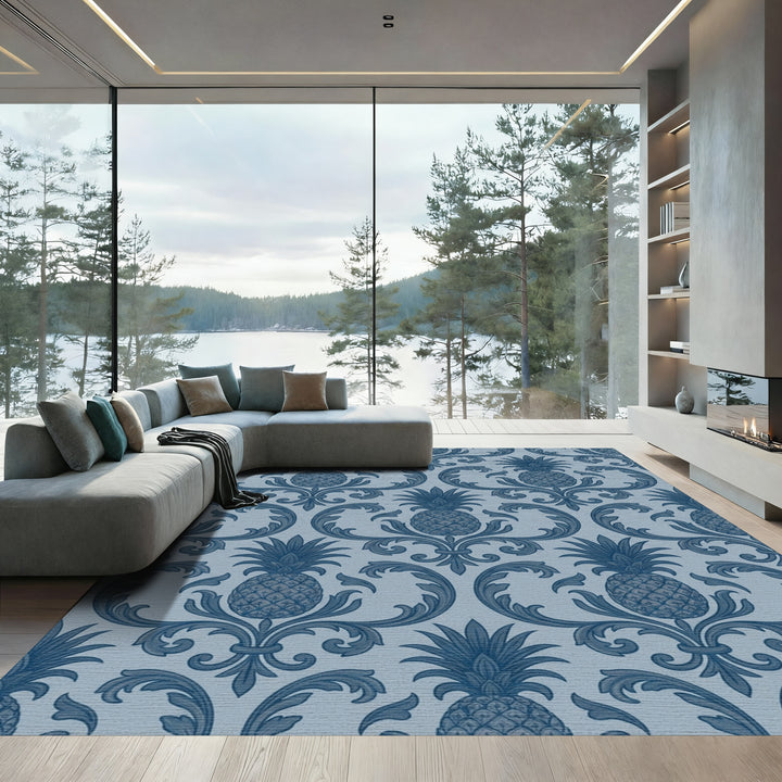 Classic Blue Pineapple Damask Rug