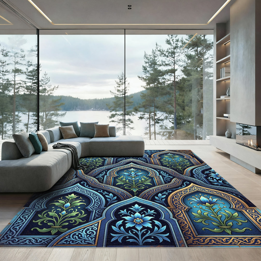 Luxe Blue Green Floral Arch Lattice Rug